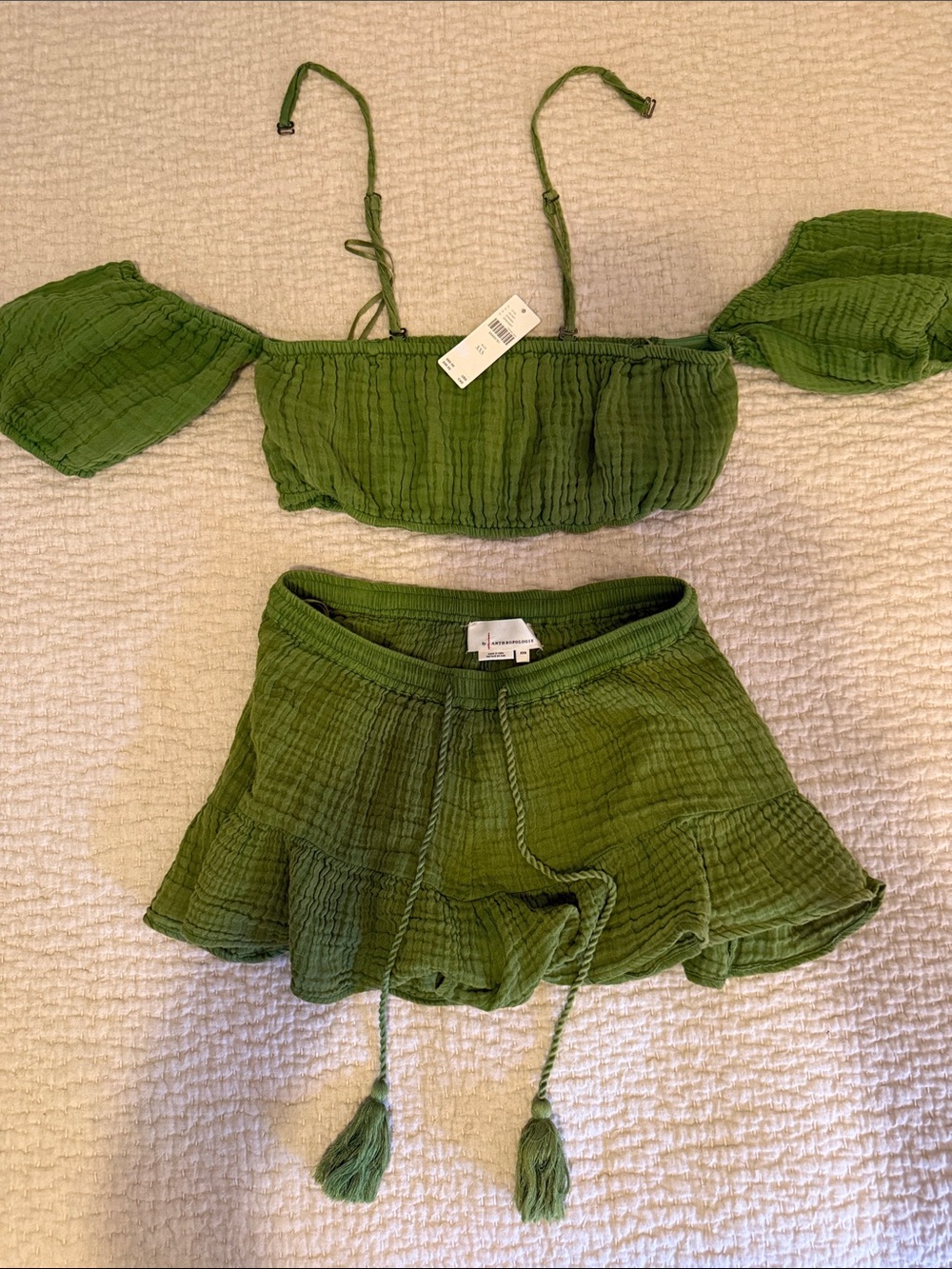 Anthropologie Green Two-Piece Off-Shoulder Crop Top & short Set
